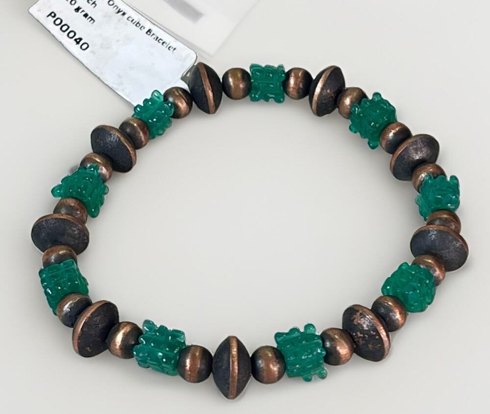 Genuine Green Turquoise Cube Bead Solid Copper Desert Pearl Stretch Bracelet
